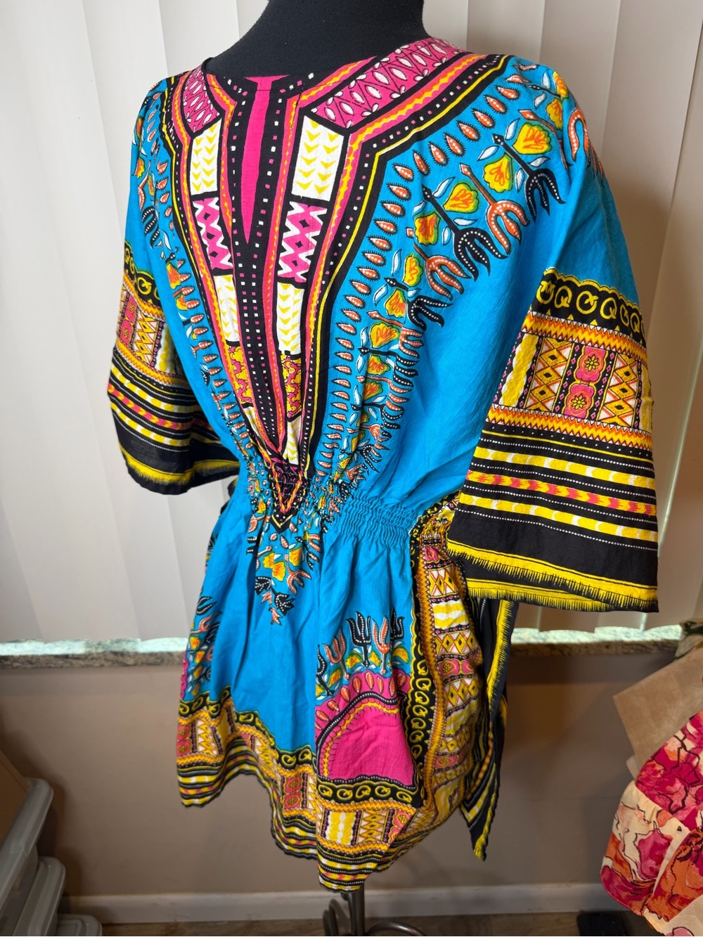 Jessica Taylor Vibrant Turquoise Boho V-Neck Tunic Hippie Retro Top Size Medium - Picture 6 of 8
